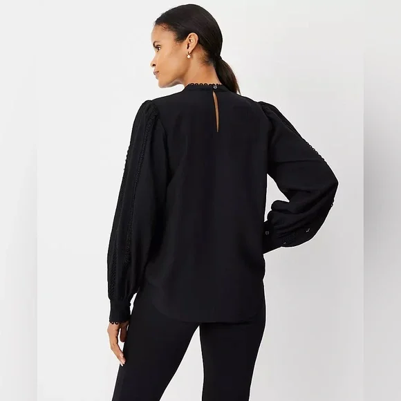 Ann Taylor Tall Eyelet Pintucked Blouse Black Size Small Tall - Picture 8 of 13